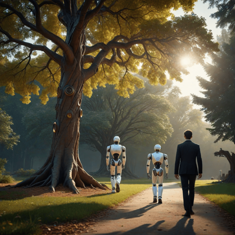 Human and AI walking under tree of knowledge