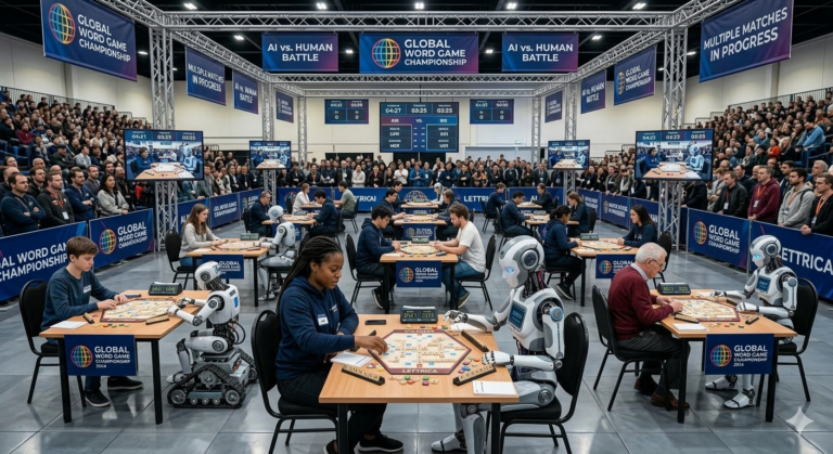 robots and humans competing on a word game